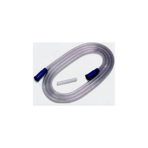 Clear medical tubing with blue connectors and a small tube segment on a white background