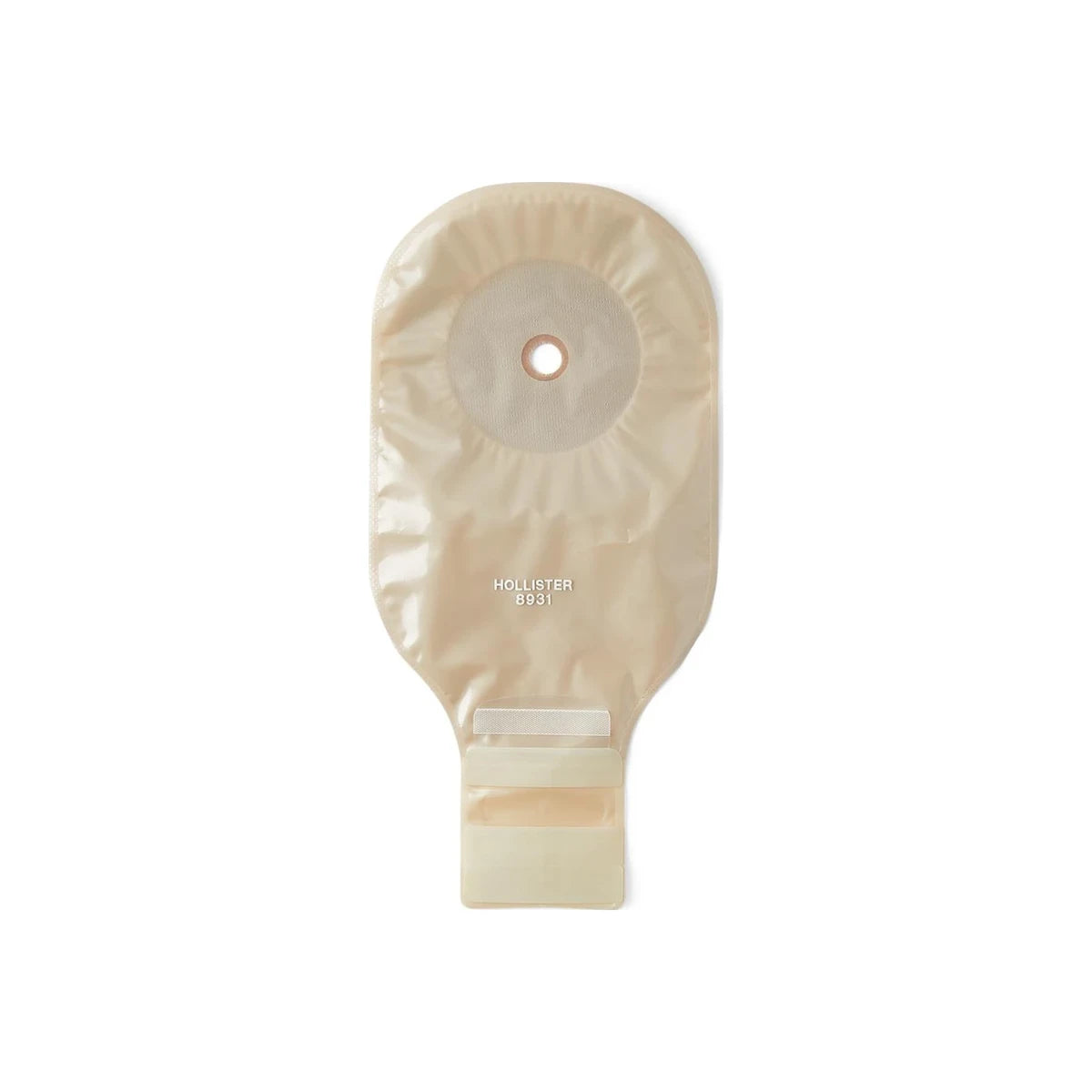 Ostomy drainable pouch with beige finish, clear closure, and circular opening, medical supply
