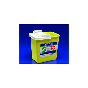 Yellow chemotherapy waste container with white lid and caution biohazard label on blue background