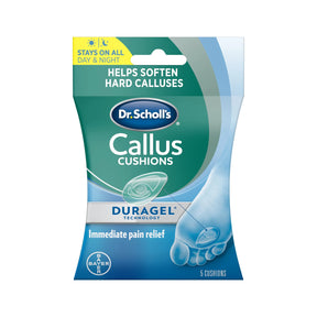 Dr. Scholl's Callus Cushions package with Duragel technology for pain relief