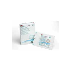 3M Tegaderm silicone foam dressing box and single sterile bandage pack on white background