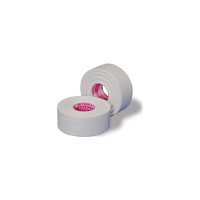 Two rolls of white medical adhesive tape with pink inner cores on a white background.