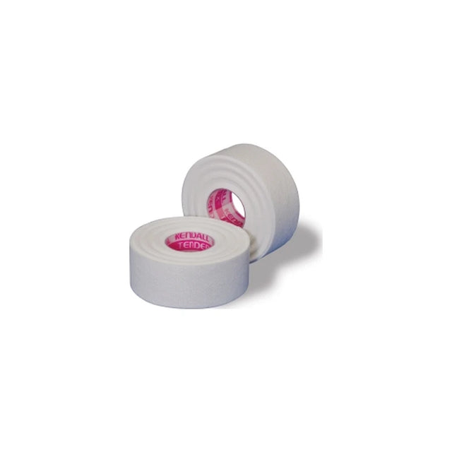 Two rolls of white medical adhesive tape with pink inner cores on a white background.
