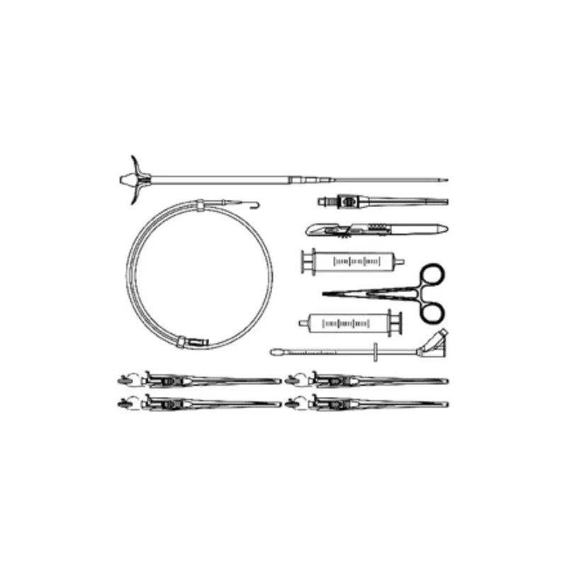 Medical device kit with syringes, scissors, tubing, and surgical instruments arranged on a white background.
