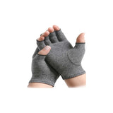 Gray compression gloves for arthritis relief, fingerless design, worn on hands