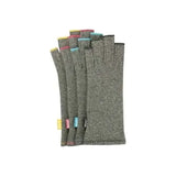 Set of gray fingerless gloves with colored trim, laid out on a white background