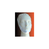 White CPAP chin strap displayed on mannequin head against gradient background