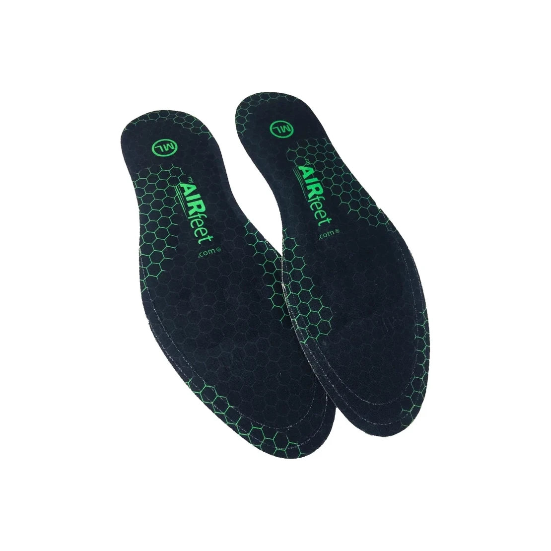 Pair of black and green AIRfeet shoe insoles with honeycomb pattern on white background