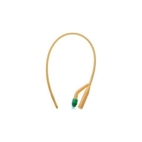 Foley catheter medical supply with green connector on white background