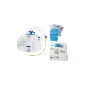 Sterile Foley catheter kit with drainage bag, gloves, syringe, and medical supplies