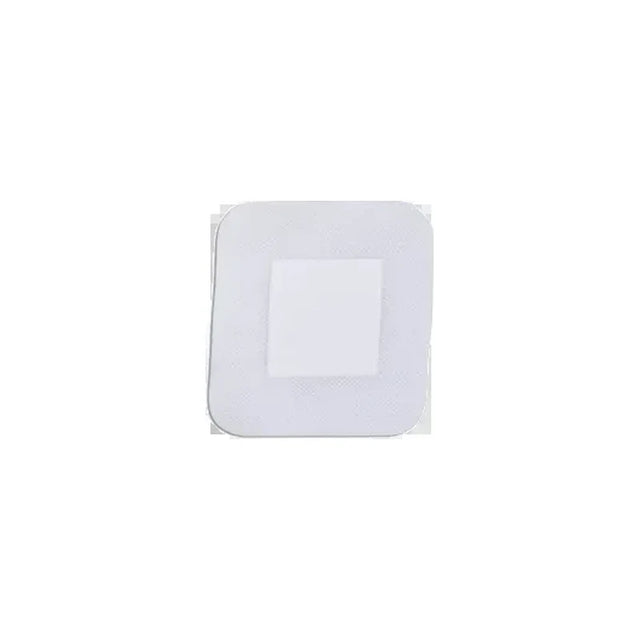 Square adhesive sterile wound dressing pad on white background