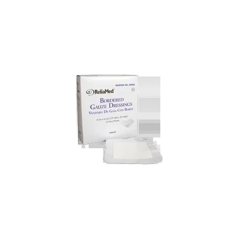 ReliaMed bordered gauze dressings box with one sterile wound dressing pad displayed