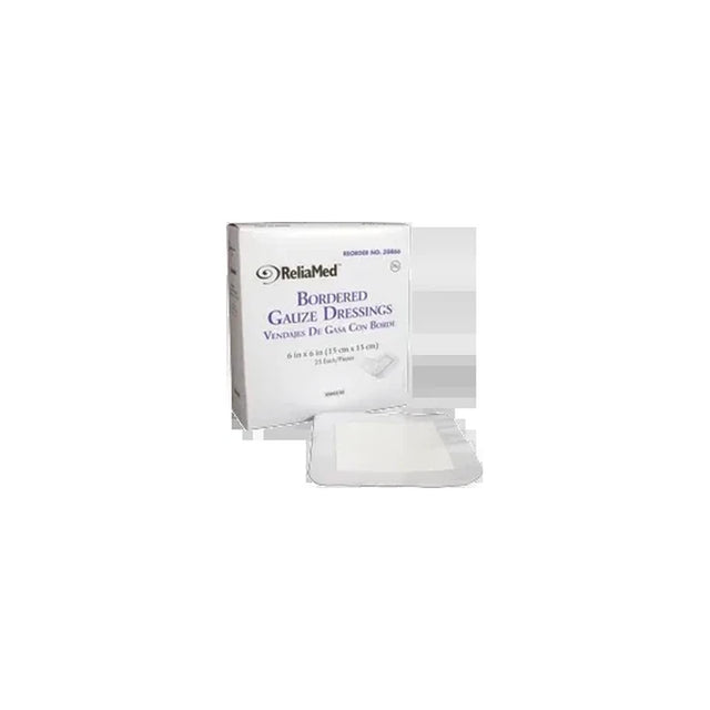 ReliaMed bordered gauze dressings box with one sterile wound dressing pad displayed