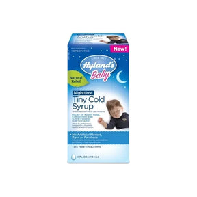 Hyland's Baby Nighttime Tiny Cold Syrup box, homeopathic baby cold relief, 4 oz, with sleeping baby illustration.