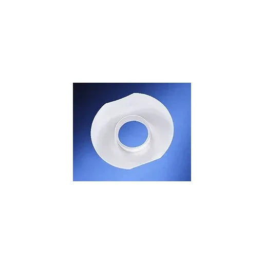 White tracheostomy tube seal on blue background, medical device for respiratory care