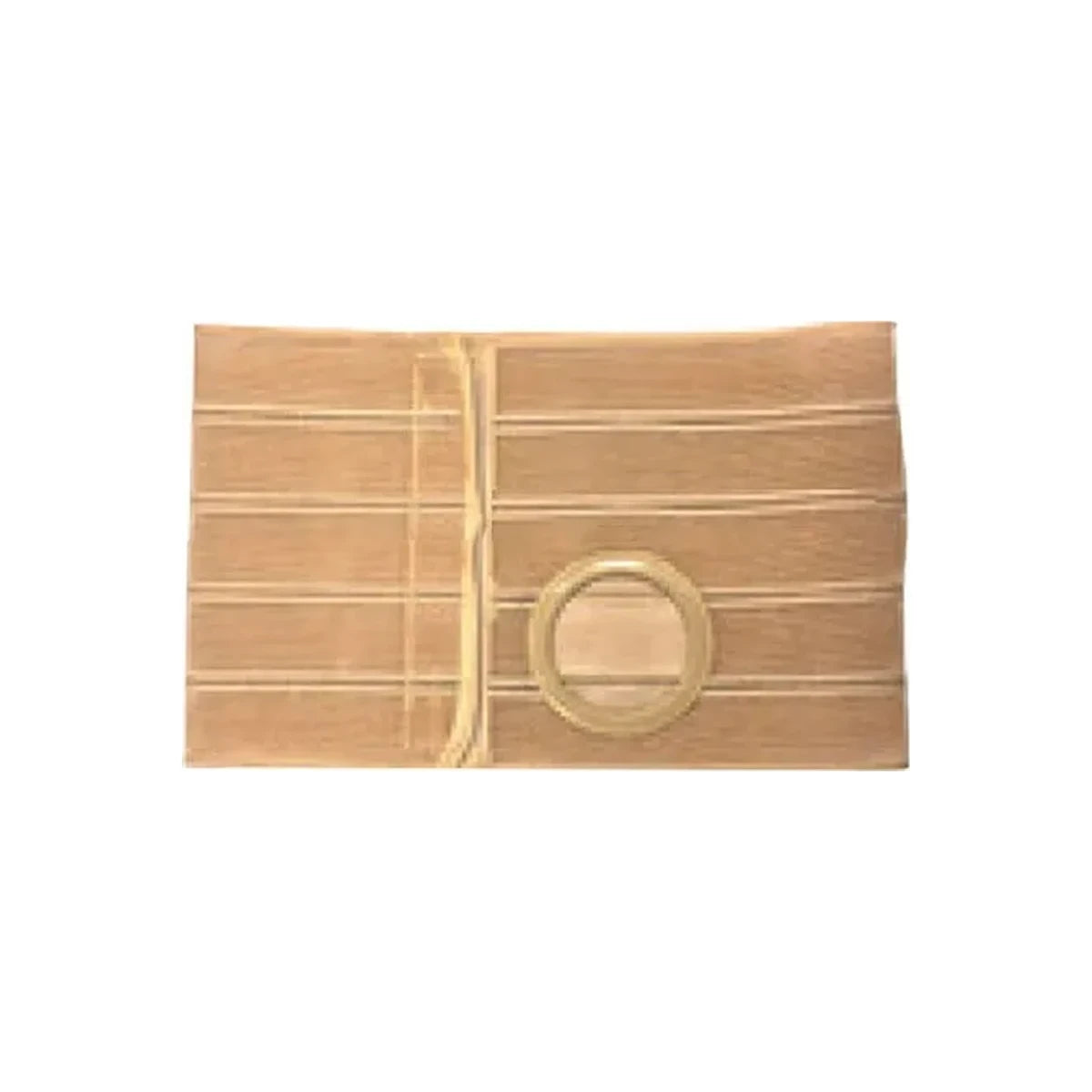 Beige medical ostomy support belt with circular opening, laid flat on white background.