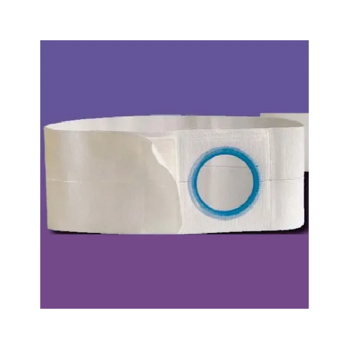 Elastic ostomy belt with blue ring for medical stoma support on purple background