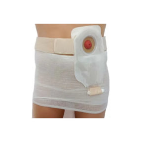 Waist ostomy belt with attached stoma bag for medical support and ostomy care