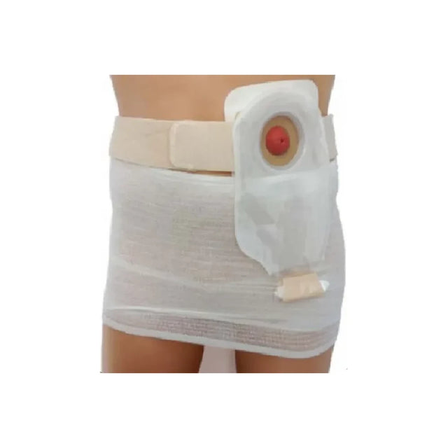 Waist ostomy belt with attached stoma bag for medical support and ostomy care
