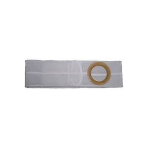 White ostomy support belt with round beige ring, medical supply on plain background