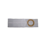 White ostomy belt with round flange for medical stoma support on a plain background