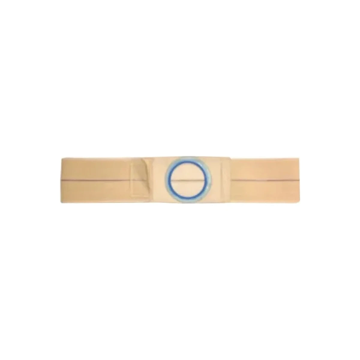Beige ostomy support belt with blue circular opening, medical accessory on white background