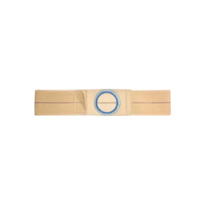 Beige ostomy support belt with blue circular opening, medical accessory on white background