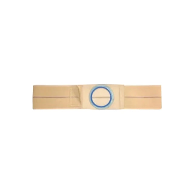 Beige ostomy support belt with blue circular opening, medical accessory on white background