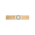 Beige medical abdominal support belt with blue circular opening, ostomy and hernia appliance