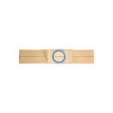 Beige medical abdominal support belt with blue circular opening, ostomy and hernia appliance