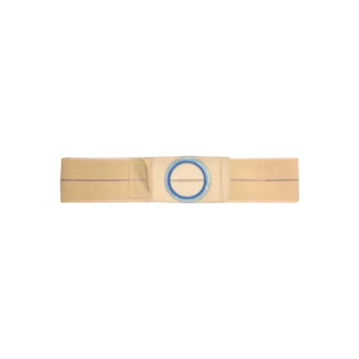 Beige medical hernia belt with circular blue support ring for ostomy care
