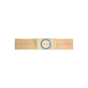 Beige medical hernia belt with circular blue support ring for ostomy care