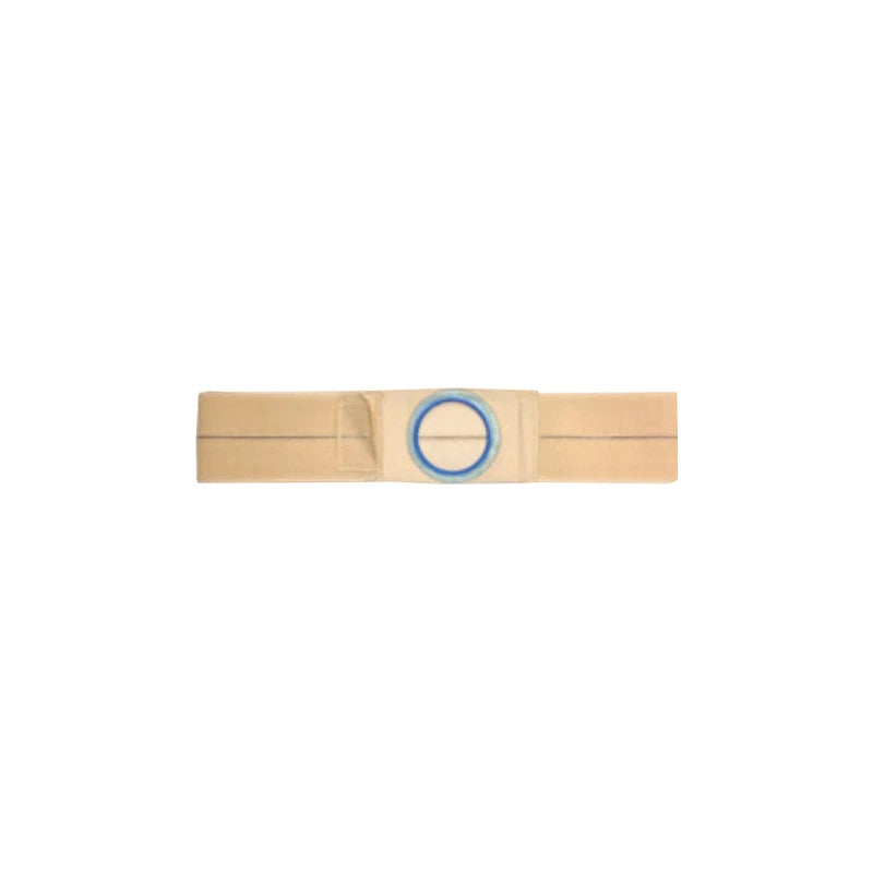 Beige medical ostomy belt with blue circular opening, support accessory on white background
