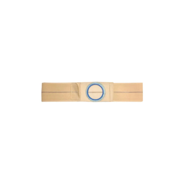 Beige medical support belt with blue circular opening for ostomy care