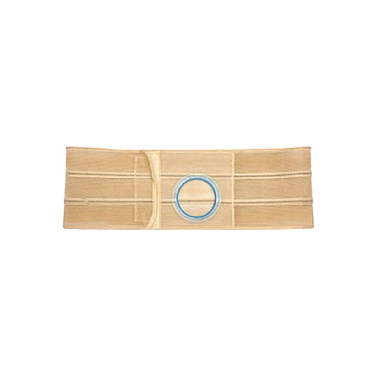 Beige ostomy support belt with central blue plastic ring for medical appliance attachment