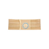 Beige ostomy support belt with central blue plastic ring for medical appliance attachment