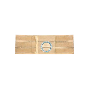 Beige ostomy support belt with central blue plastic ring for medical appliance attachment