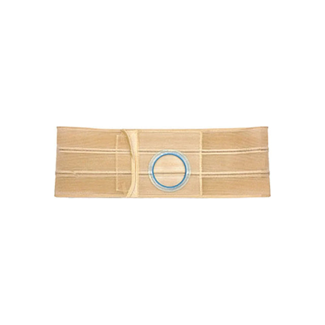 Beige ostomy support belt with central blue plastic ring for medical appliance attachment