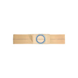 Beige ostomy support belt with round blue stoma opening, medical accessory on white background.