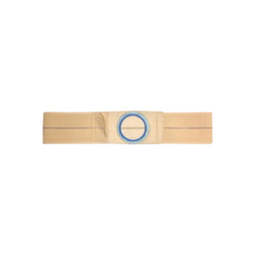 Beige ostomy support belt with round blue stoma opening, medical accessory on white background.