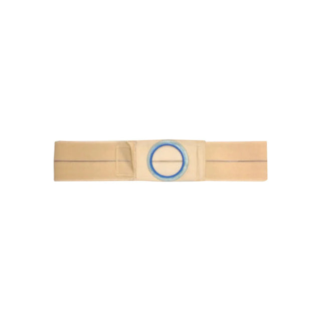 Beige ostomy support belt with round blue stoma opening, medical accessory on white background.