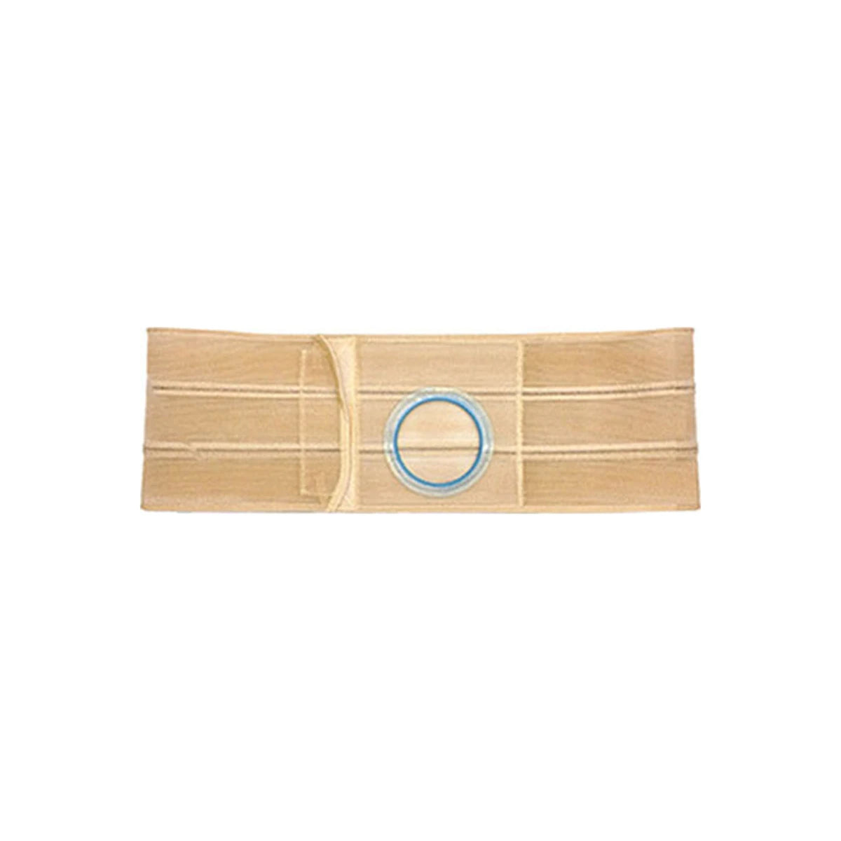 Beige medical ostomy support belt with blue round opening, designed for hernia support.