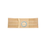 Beige medical ostomy support belt with blue round opening, designed for hernia support.