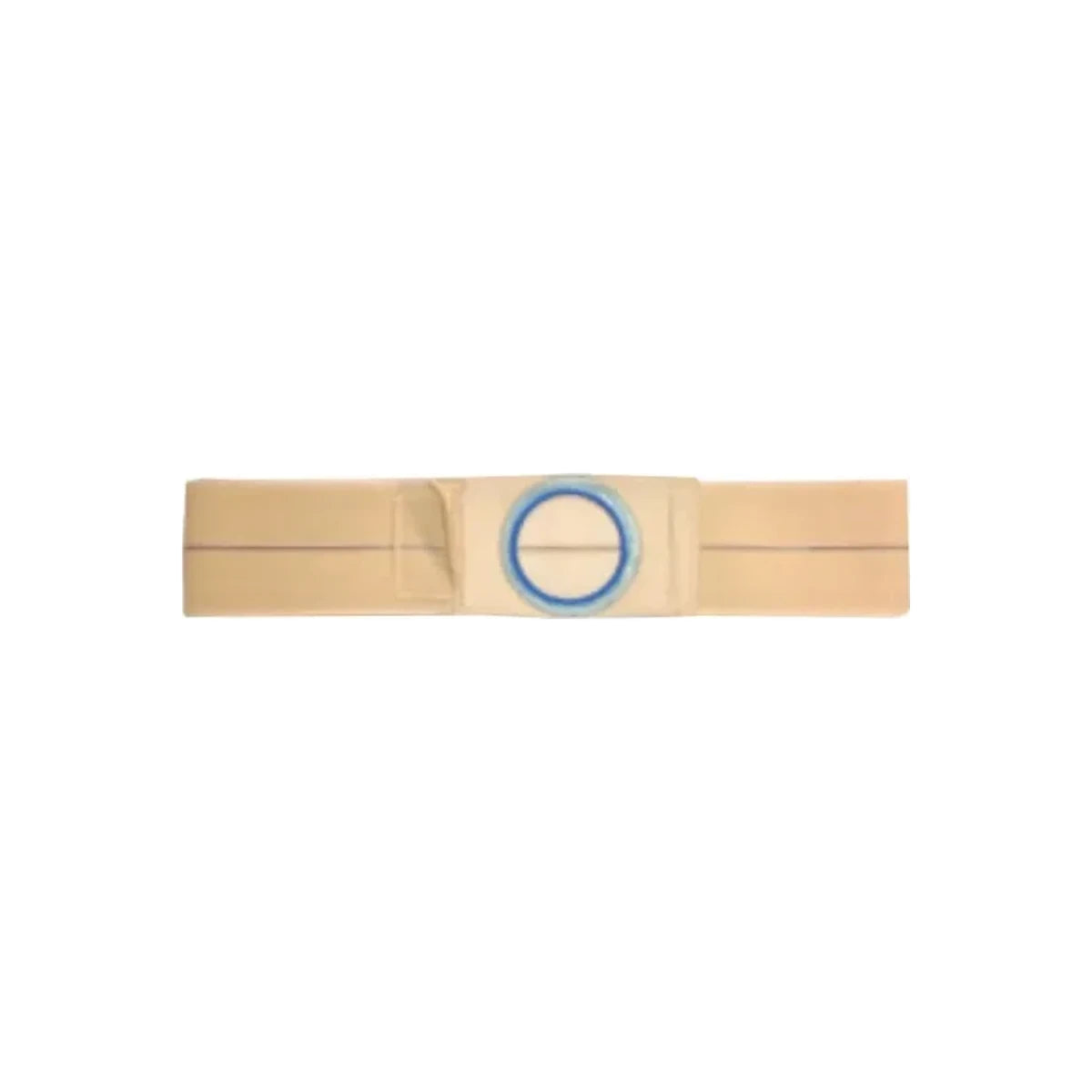 Beige ostomy support belt with blue reinforced ring, medical supply for stoma care.