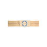 Beige ostomy support belt with blue reinforced ring, medical supply for stoma care.
