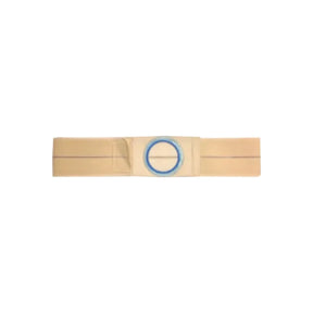 Beige ostomy support belt with blue reinforced ring, medical supply for stoma care.