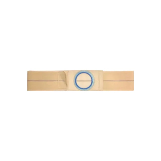 Beige ostomy support belt with blue reinforced ring, medical supply for stoma care.