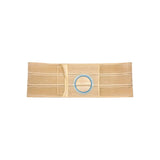 Beige ostomy support belt with blue circular opening, medical abdominal accessory