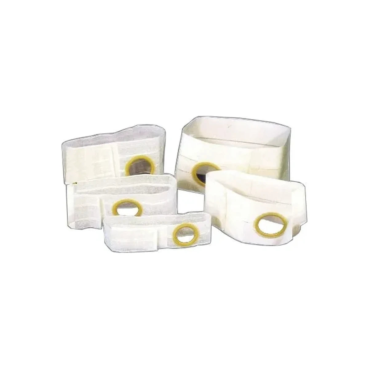 Assorted ostomy belts with round openings, medical support products on white background