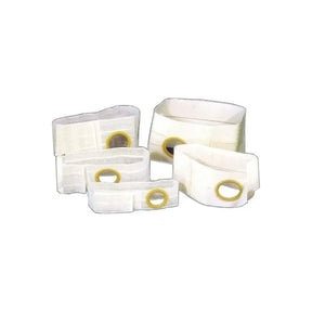 Assorted ostomy belts with round openings, medical support products on white background